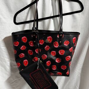 Coach Black Tote with Red Floral Design
